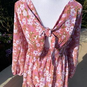 Floral Pink Tie-Front Maxi Dress